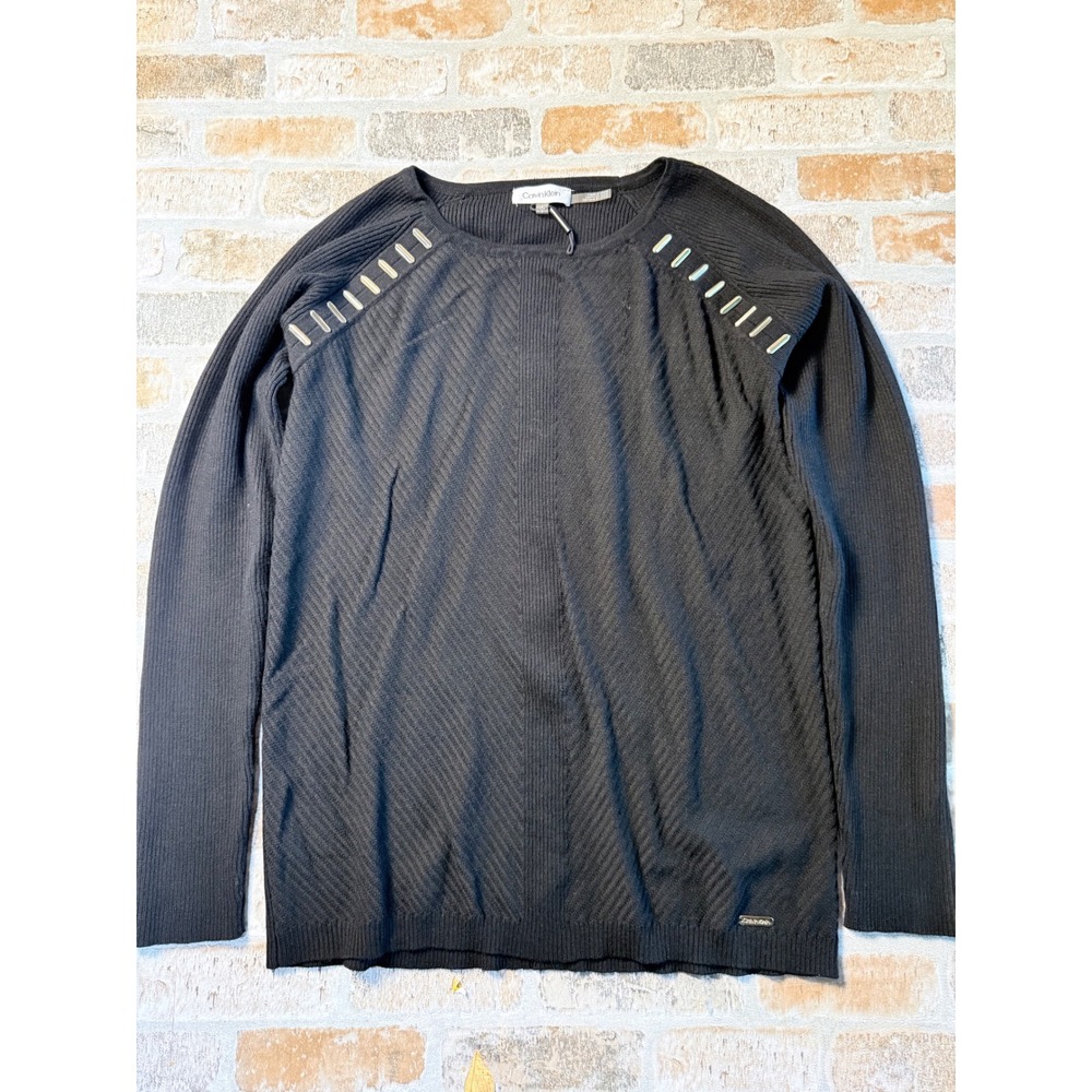 Calvin Klein Women Black Ribbed Chevron Sweater Gold Hardware C8MP6048‎ Size S